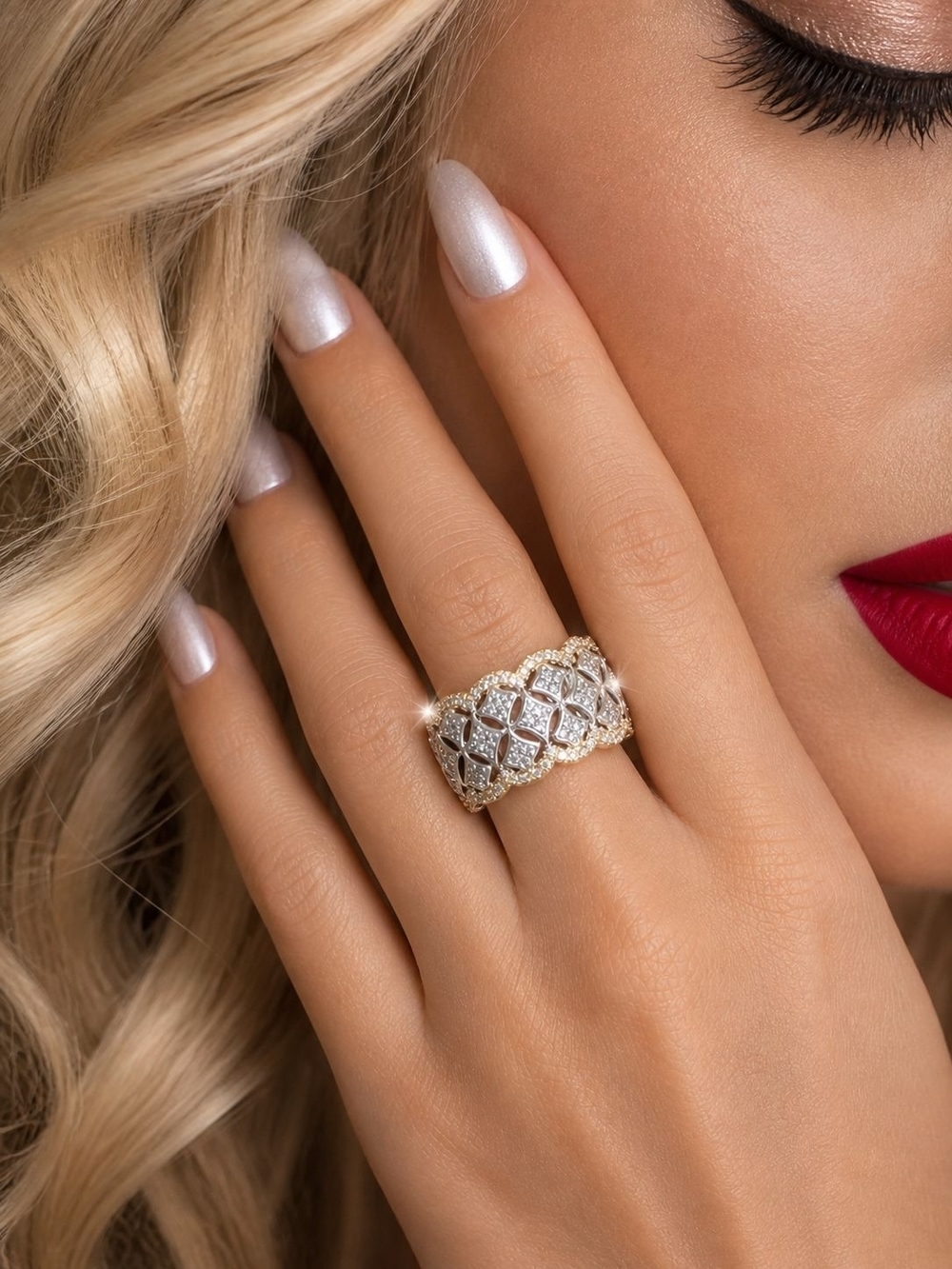 Two-Tone Gold and Silver Pavé Lattice Band Ring - Picture 2 of 7